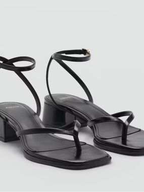 Mango Black Strappy Ankle-Tie Block Heel Sandals